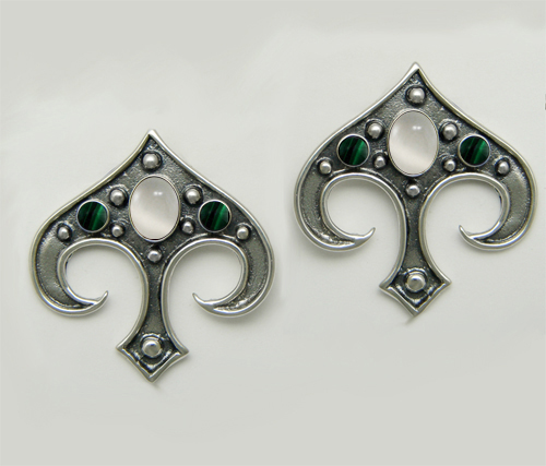 Sterling Silver Gothic Inspired Drop Dangle Earrings With White Moonstone And Malachite